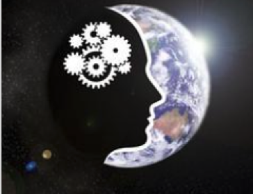 A view of Earth from space with the sun visible behind the Earth left hand side. There is a side profile face blocking half of the globe. The face has clockwork gears where the brain would be.